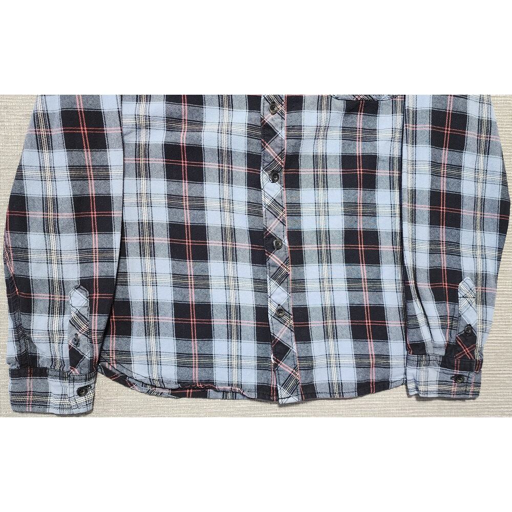 By Junkfood Plaid Flannel Shirt Mens Large Blue Black Long Sleeve Button Up - Picture 3 of 11